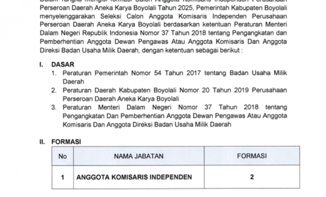 Pengumuman Seleksi Calon Anggota Komisaris Independen PERSERODA ANEKA KARYA Boyolali Tahun 2025